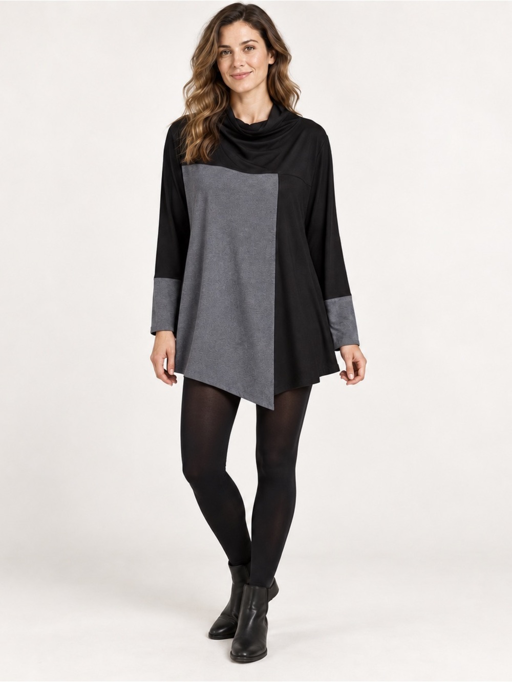 Colorblock cowl neck tunic dress gray black asymmetrical lagenlook